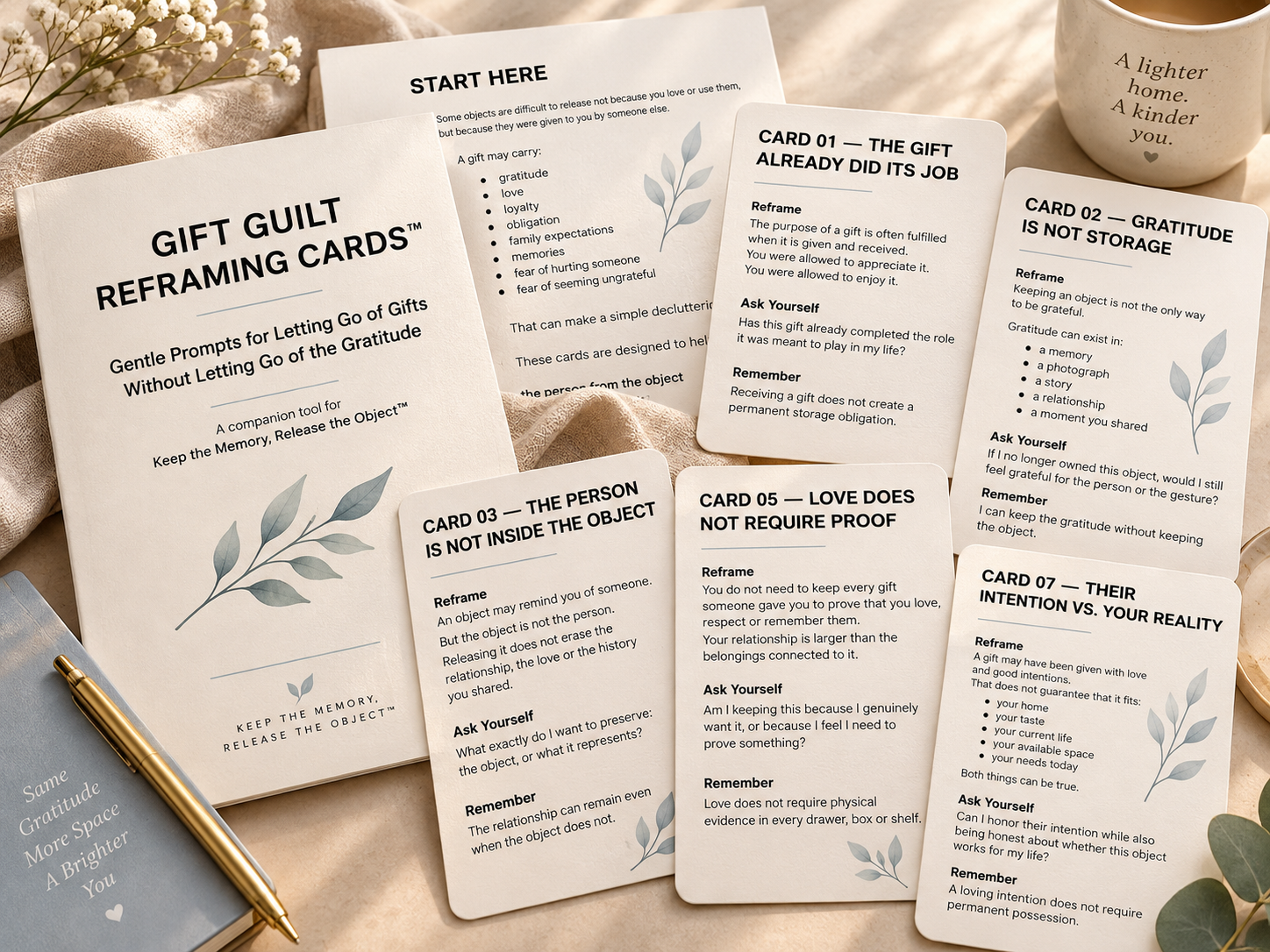 Gift Guilt Reframing Cards spread on a neutral surface
