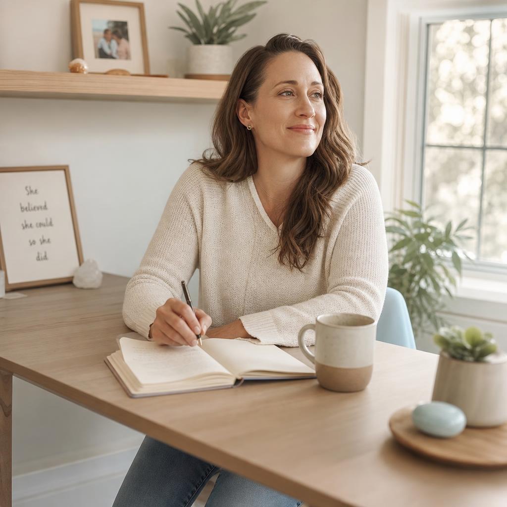Same woman in a calmer, lighter, more intentional space with a few chosen meaningful objects