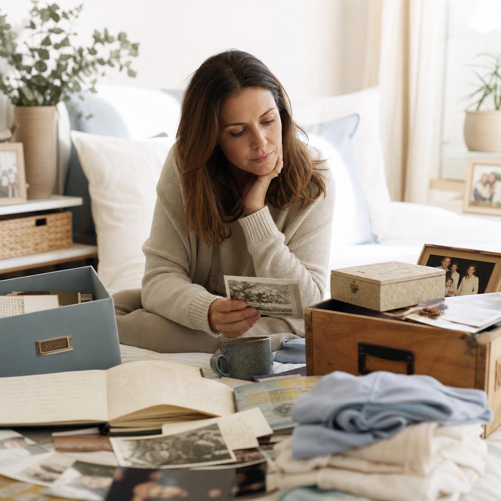 Woman surrounded by meaningful sentimental belongings, feeling thoughtful and indecisive